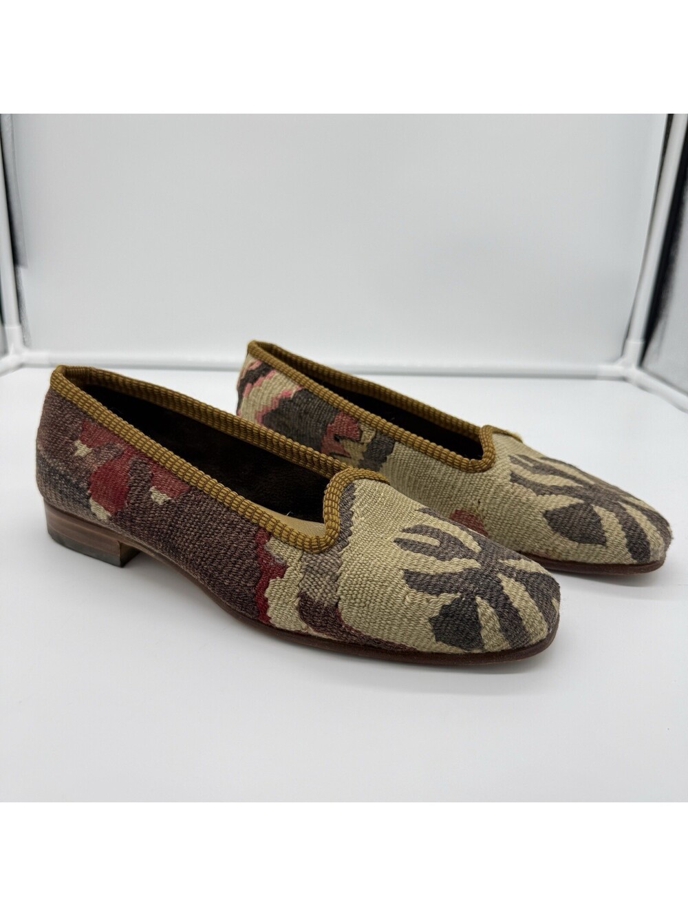 Turkish Kilim Shoes Womens 8 100% Wool Upper Carpet Loafers Indie Boho Art VTG